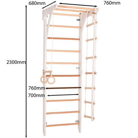 Drewniana drabinka gimnastyczna Rinagym – Domowy zestaw sportowy dla dzieci i dorosłych | Stały drążek, lina, kółka (Kinder 2 Biały)