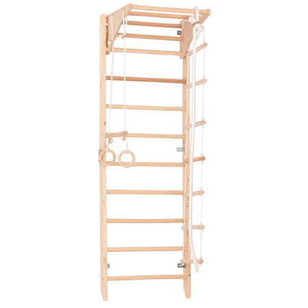 Drewniana drabinka gimnastyczna Rinagym Kombi 2 – Domowy zestaw sportowy dla dzieci i dorosłych | Drabinka, kółka, lina