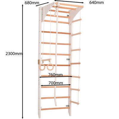 Drewniana drabinka gimnastyczna Rinagym Kombi 2 Biały– Domowy zestaw sportowy dla dzieci i dorosłych | Drabinka, kółka, lina