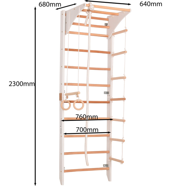 Drewniana drabinka gimnastyczna Rinagym Kombi 2 Biały– Domowy zestaw sportowy dla dzieci i dorosłych | Drabinka, kółka, lina