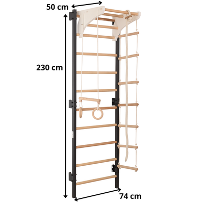 Metalowa drabinka gimnastyczna STEEL KOM 2 – grafit z drążkiem, kółkami i drabinką linową | RINAGYM