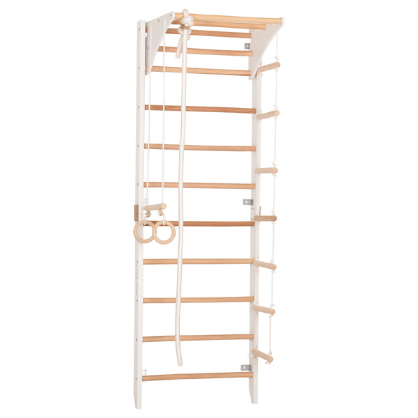 Drewniana drabinka gimnastyczna Rinagym Kombi 2 Biały– Domowy zestaw sportowy dla dzieci i dorosłych | Drabinka, kółka, lina