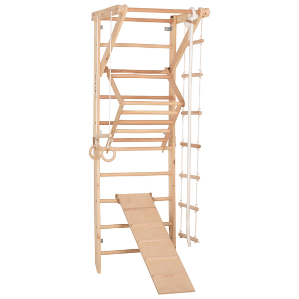 Drewniana drabinka gimnastyczna Rinagym Sport 3 – Zestaw sportowy dla dzieci i dorosłych | Stały drążek, lina, deska