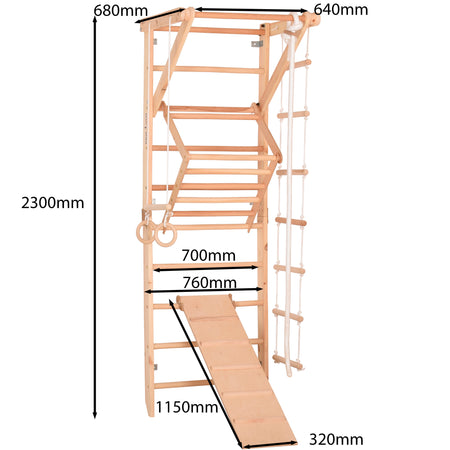 Drewniana drabinka gimnastyczna Rinagym Sport 3 – Zestaw sportowy dla dzieci i dorosłych | Stały drążek, lina, deska
