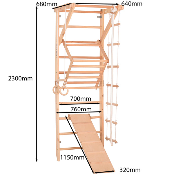 Drewniana drabinka gimnastyczna Rinagym Sport 3 – Zestaw sportowy dla dzieci i dorosłych | Stały drążek, lina, deska