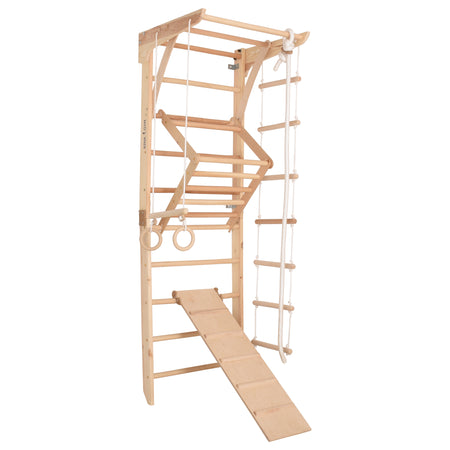 Drewniana drabinka gimnastyczna Rinagym Kinder 3 – Zestaw sportowy dla dzieci i dorosłych | Stały drążek, lina, deska