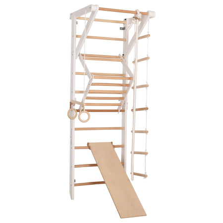 Drewniana drabinka gimnastyczna Rinagym SPORT Biały 3 – Zestaw sportowy dla dzieci i dorosłych | Stały drążek, lina, deska