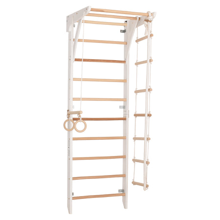 Drewniana drabinka gimnastyczna Rinagym – Domowy zestaw sportowy dla dzieci i dorosłych | Stały drążek, lina, kółka (Kinder 2 Biały)
