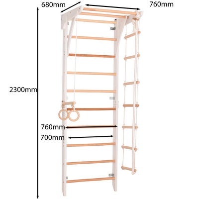 Drewniana drabinka gimnastyczna Rinagym – Domowy zestaw sportowy dla dzieci i dorosłych | Stały drążek, lina, kółka (Kinder 2 Biały)