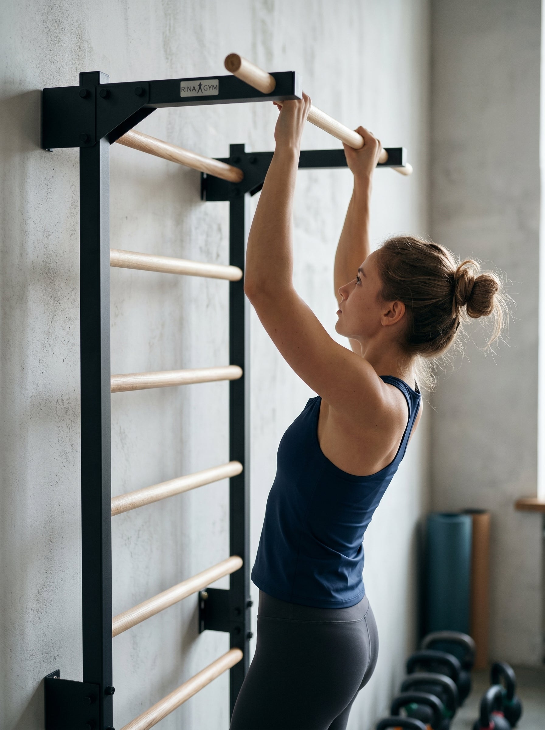 Metalowa drabinka gimnastyczna STEEL PURE z drążkiem – grafit | RINAGYM