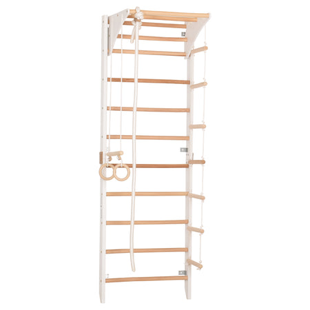 Drewniana drabinka gimnastyczna Rinagym Kombi 2 Biały– Domowy zestaw sportowy dla dzieci i dorosłych | Drabinka, kółka, lina