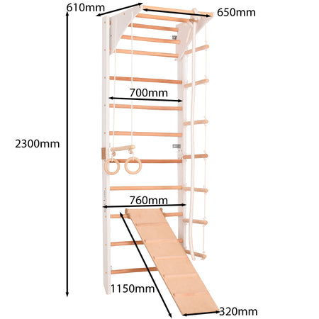 Drewniana drabinka gimnastyczna Rinagym Kombi 3 – Aktywność dla dzieci i dorosłych | Drążek, huśtawka, deska Biały