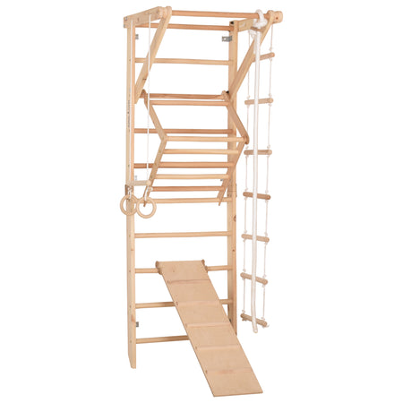 Drewniana drabinka gimnastyczna Rinagym Sport 3 – Zestaw sportowy dla dzieci i dorosłych | Stały drążek, lina, deska