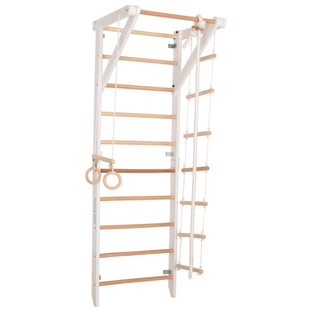 Drewniana drabinka gimnastyczna Rinagym – Domowy zestaw sportowy dla dzieci i dorosłych | Stały drążek, lina, kółka (Sport 2 Biały)