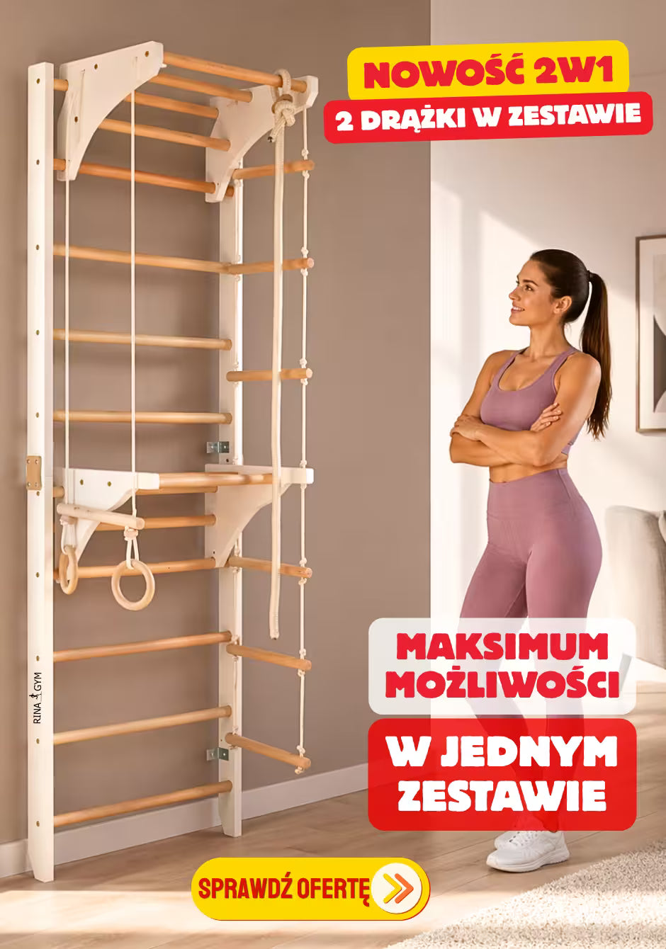 Drabinka gimnastyczna 2w1 z drążkiem i poręczami – NOWOŚĆ RINAGYM