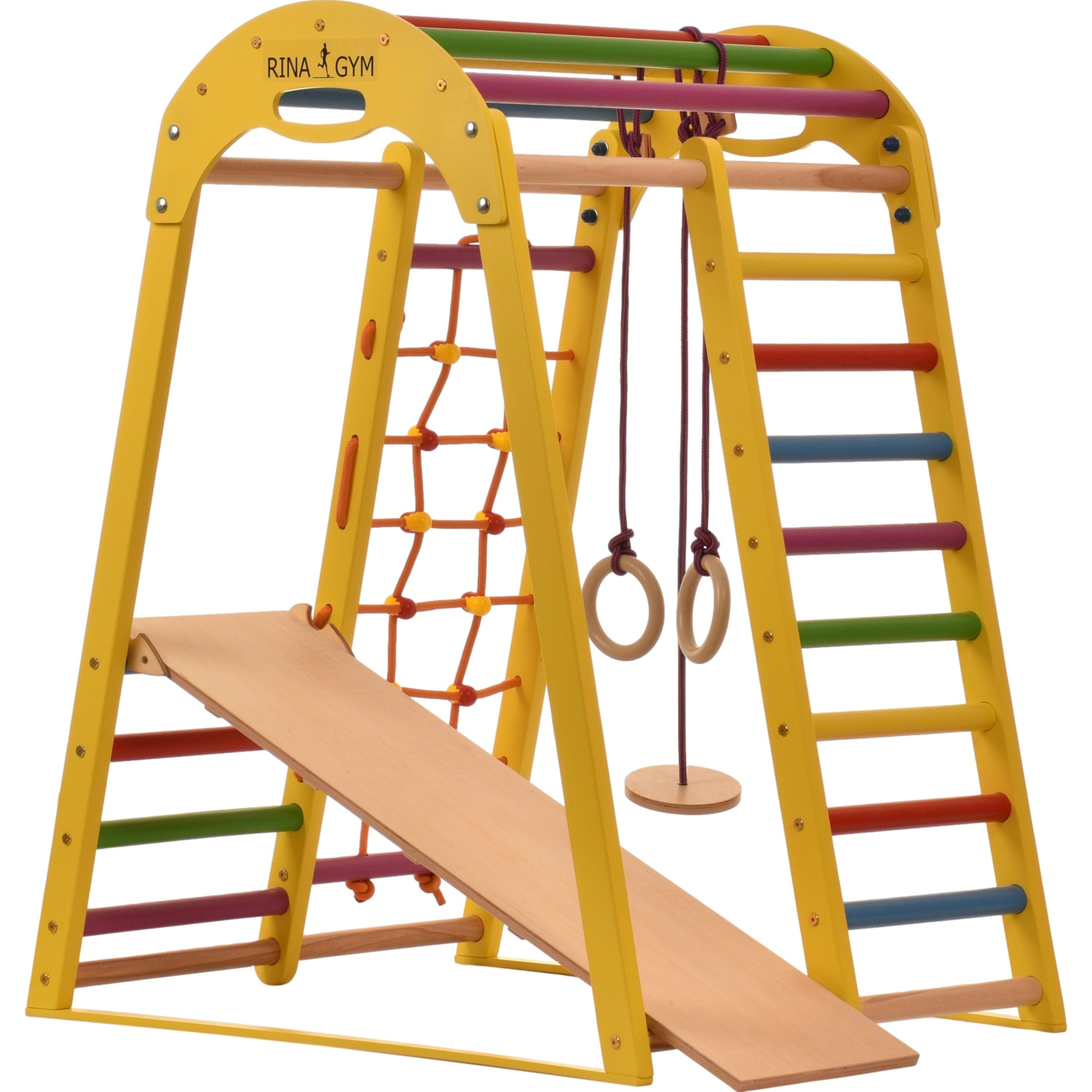 Kletterdreieck Indoor-Spielplatz aus Holz für Kinder - Kletternetz, schwedische Leiter, Ringe, Rutsche - Ideal für 1 bis 5 Jahre - Trägt - RINAGYM GmbH