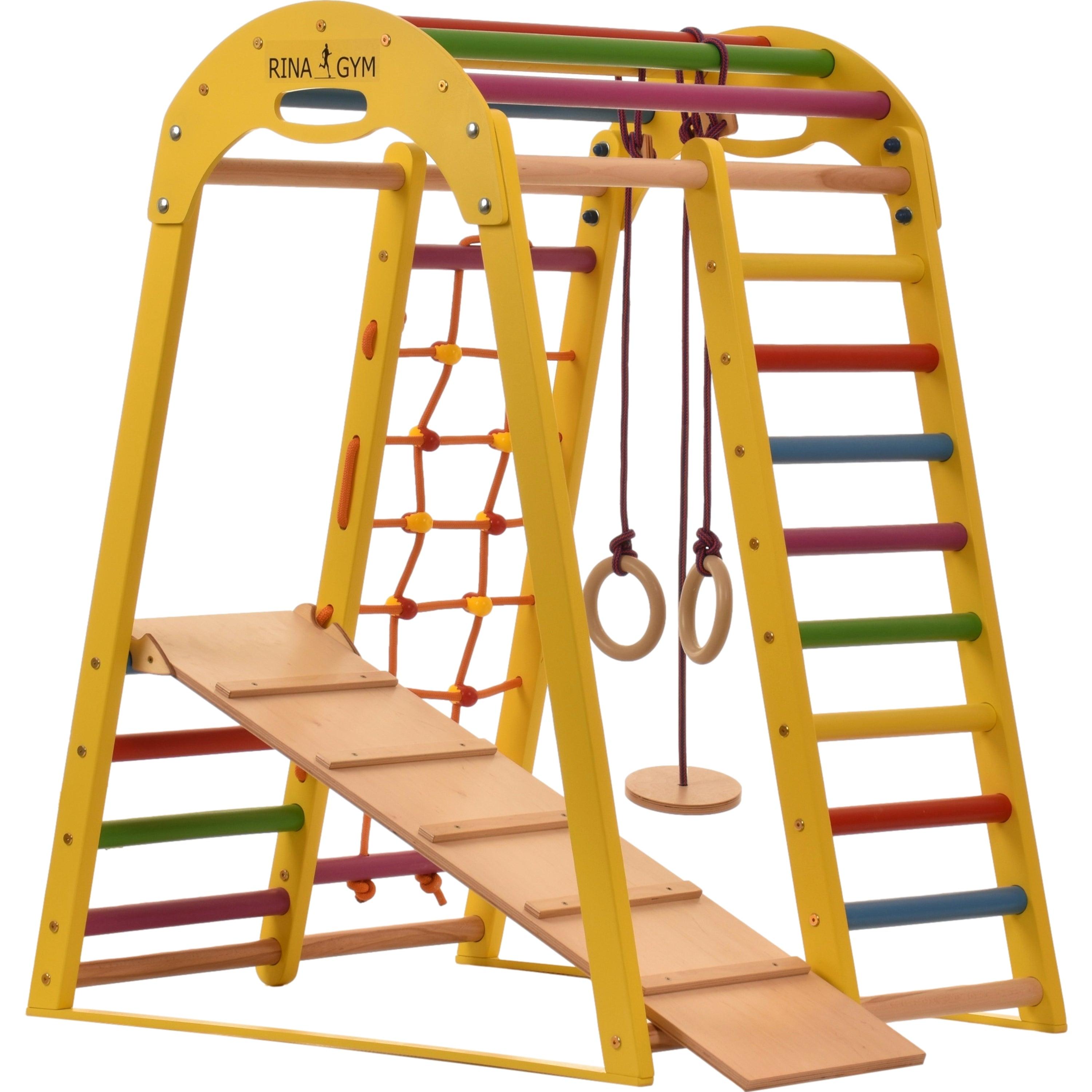 Kletterdreieck Indoor-Spielplatz aus Holz für Kinder - Kletternetz, schwedische Leiter, Ringe, Rutsche - Ideal für 1 bis 5 Jahre - Trägt - RINAGYM GmbH