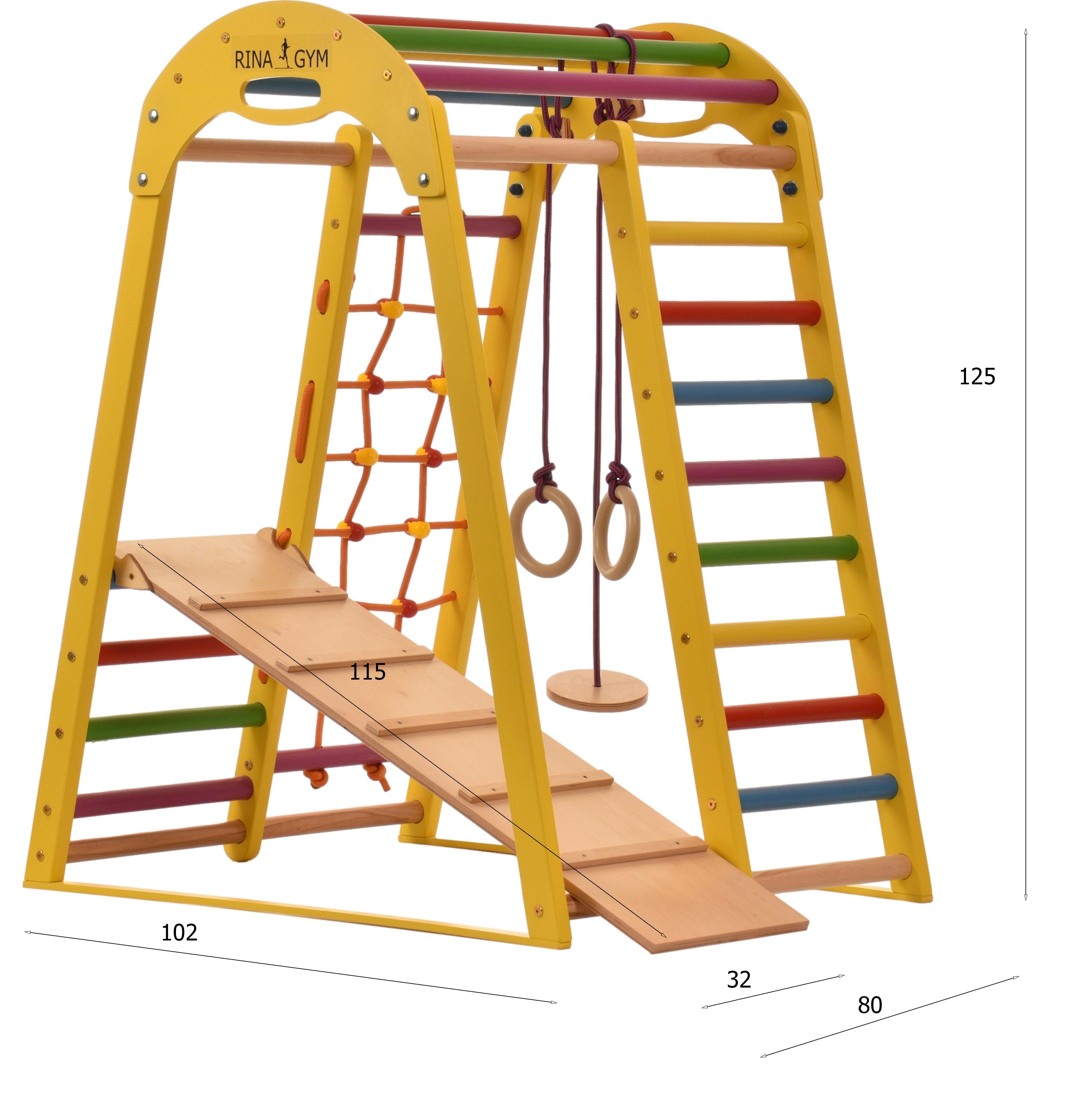 Kletterdreieck Indoor-Spielplatz aus Holz für Kinder - Kletternetz, schwedische Leiter, Ringe, Rutsche - Ideal für 1 bis 5 Jahre - Trägt - RINAGYM GmbH