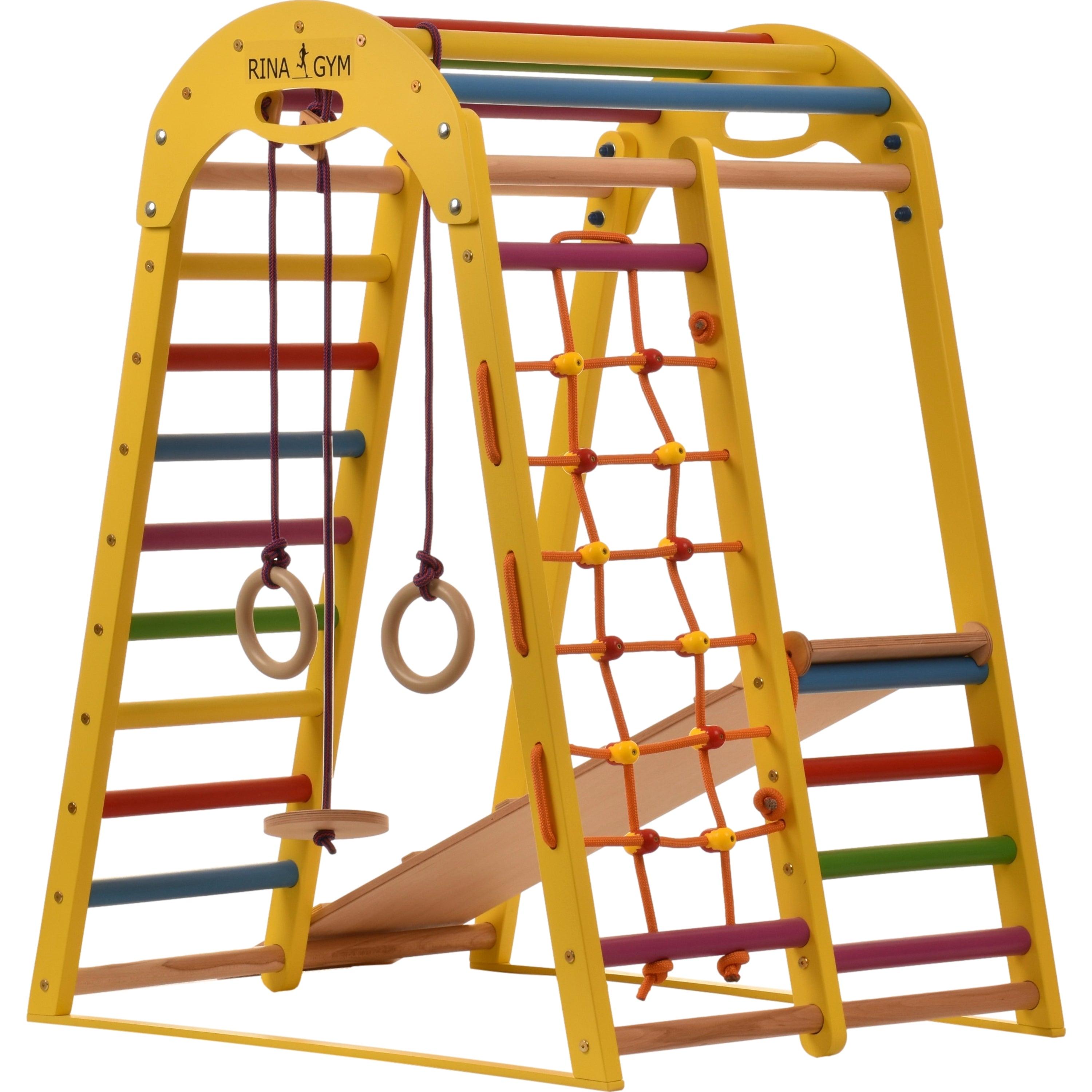 Kletterdreieck Indoor-Spielplatz aus Holz für Kinder - Kletternetz, schwedische Leiter, Ringe, Rutsche - Ideal für 1 bis 5 Jahre - Trägt - RINAGYM GmbH