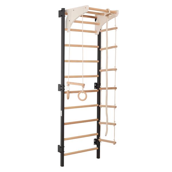 Metalowa drabinka gimnastyczna STEEL KOM 2 – grafit z drążkiem, kółkami i drabinką linową | RINAGYM