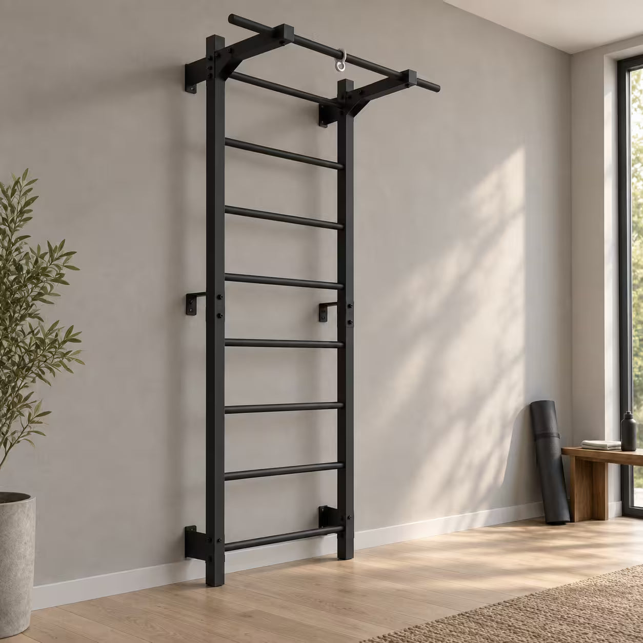 Metalowa drabinka gimnastyczna RINAGYM Steel M 213 cm z drążkiem, czarna