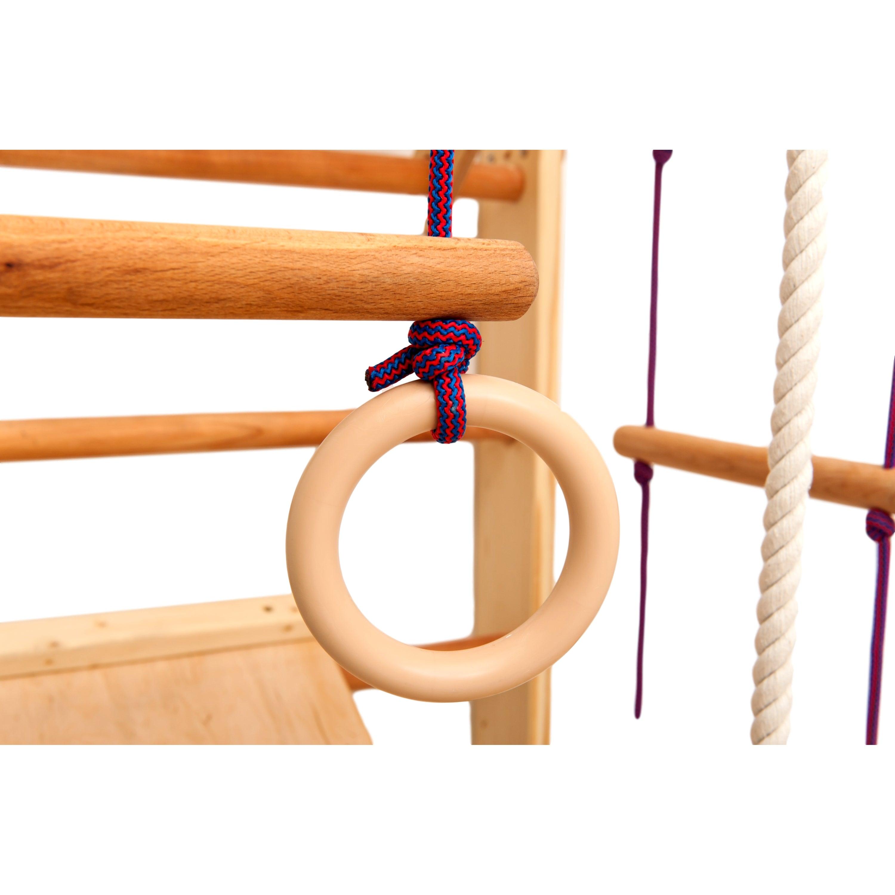 Kletterwand für Kinder-Indoor Klettergerüst aus Holz-Wand-Reck, Stange, Gymnastik-Ringe, Kletterseil, Abnehmbarer Balken, schwedische Leiter, Rutsche - RINAGYM GmbH