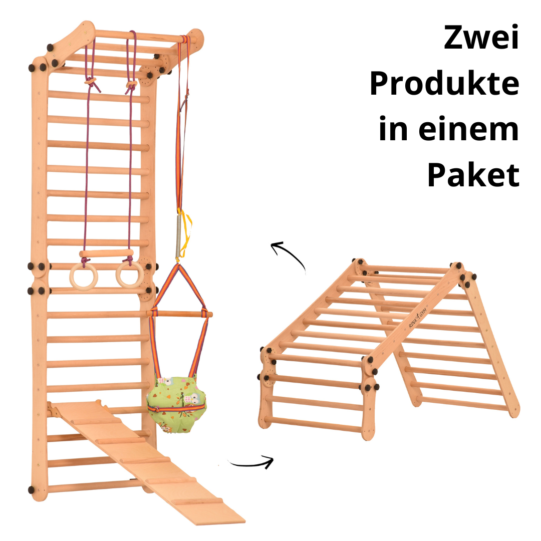 Drabinka gimnastyczna Rinagym 2 w 1 – Drewniany plac zabaw dla dzieci i dorosłych | Składana konstrukcja Drabinka gimnastyczna dla dzieci Rinagym 2 w 1  3P9P9P+SLIDE